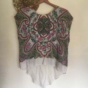 Anthro 100% silk paisley blouse fun back slit